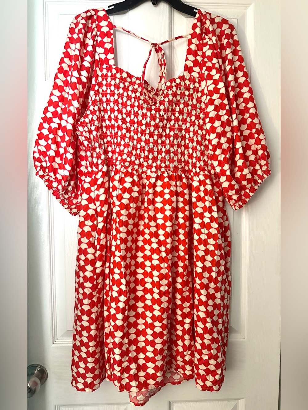 Ava & Viv Red and White Smocked Puff-Sleeve Dress Boho Cottagecore